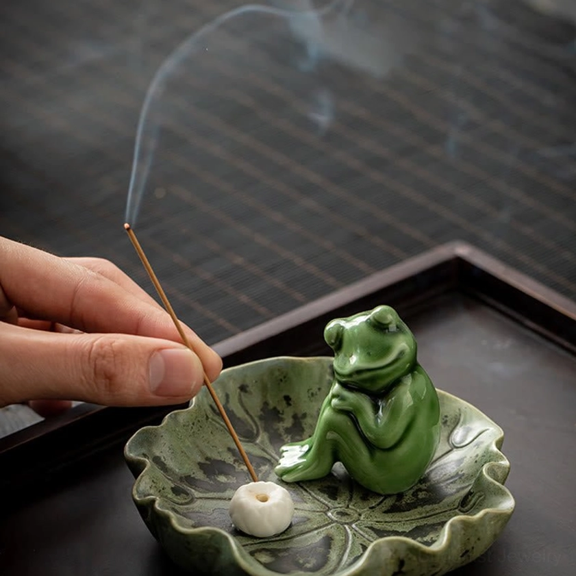 Ceramic frog incense holder as gift for yoga teachers, meditation practitioners, spiritual seekers