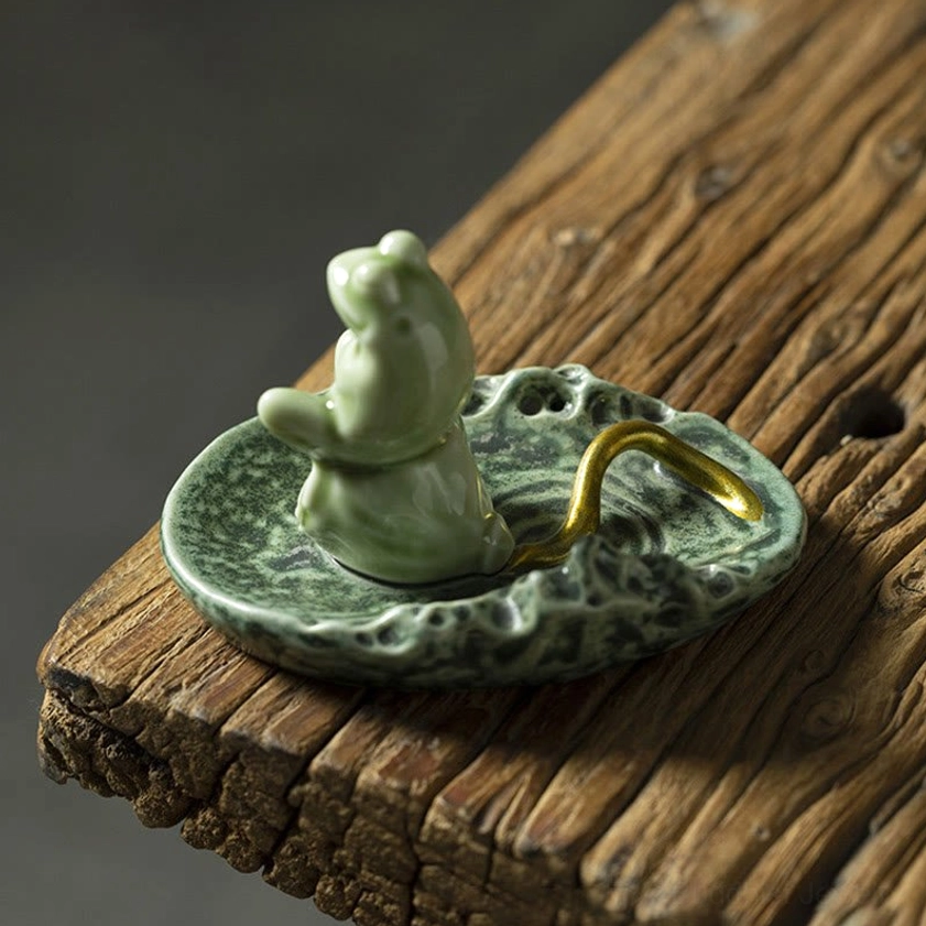 Frog ceramic incense holder for meditation rooms, yoga spaces, and spiritual practices