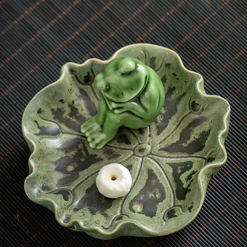Ceramic frog incense holder with retro aesthetic, vintage inspired green glaze finish