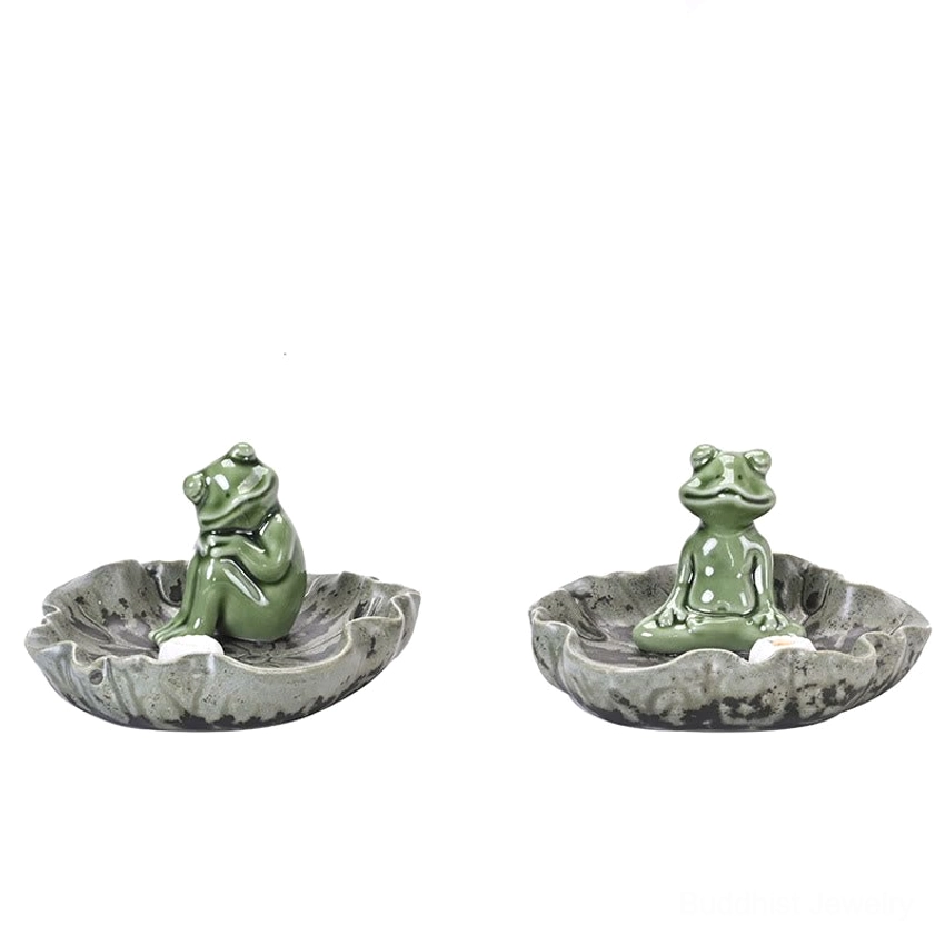 Frog incense holder ceramic piece handcrafted detail, retro green glaze finish showcase