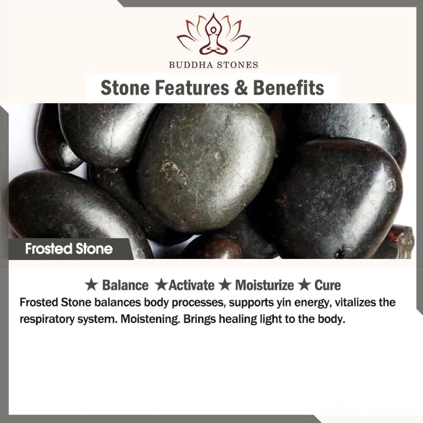 Frosted stone natural gemstone with spiritual properties description and wellness benefits educational display