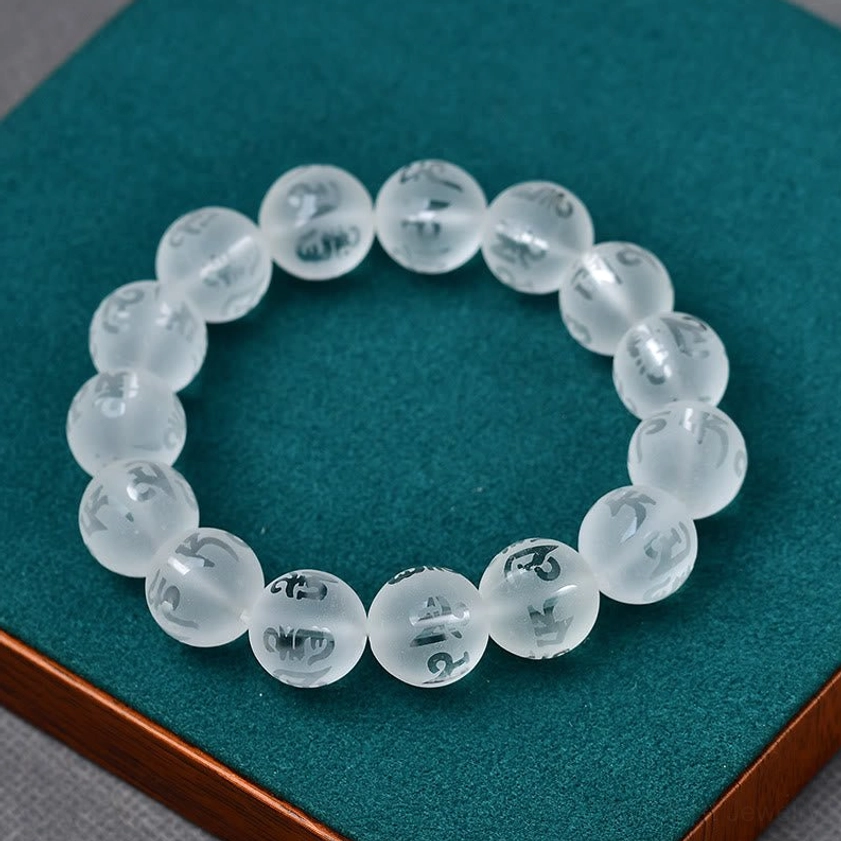Frosted white crystal beads Om Mani Padme Hum bracelet - clear quartz meditation prayer beads multiple sizes
