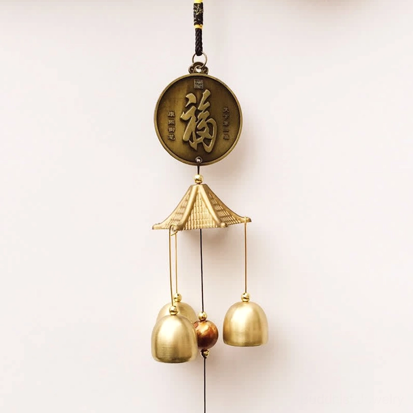 Single Fu blessing character brass wind chime bell with pagoda hanger and three bells for happiness and good luck