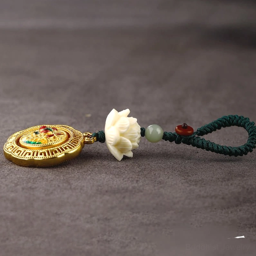 Fu character auspicious cloud buddhist keychain design with yellow rope and rotatable enamel pendant charm