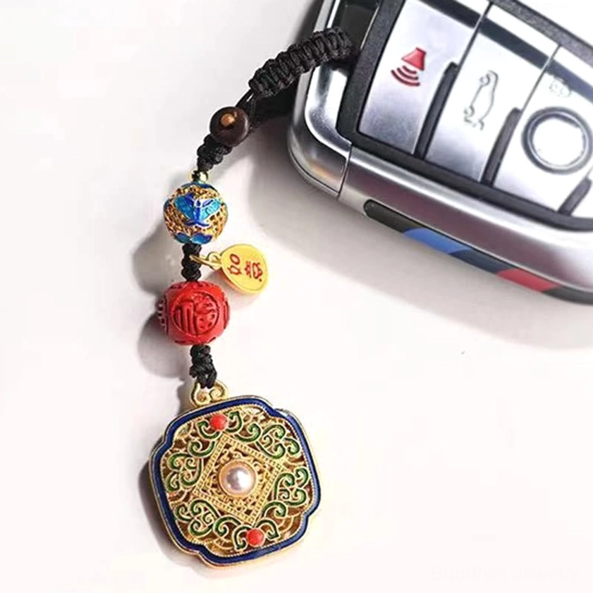 Buddhist Fu character blessing keychain handcrafted pendant with traditional enamel work and protective auspicious charm