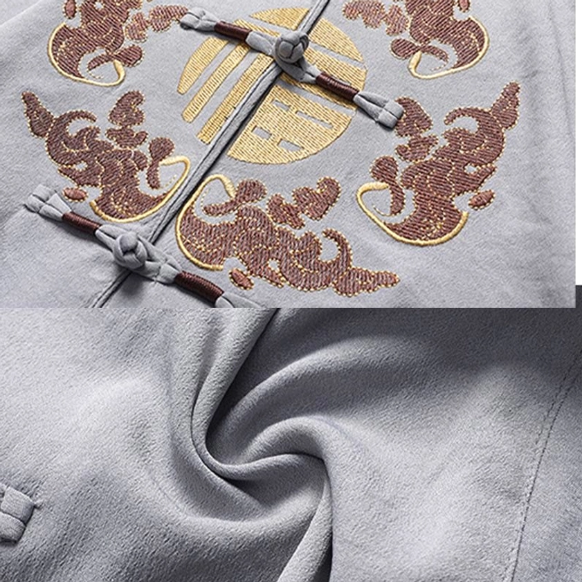 Fu Character embroidery centered on Tang Suit chest - traditional Chinese design detail