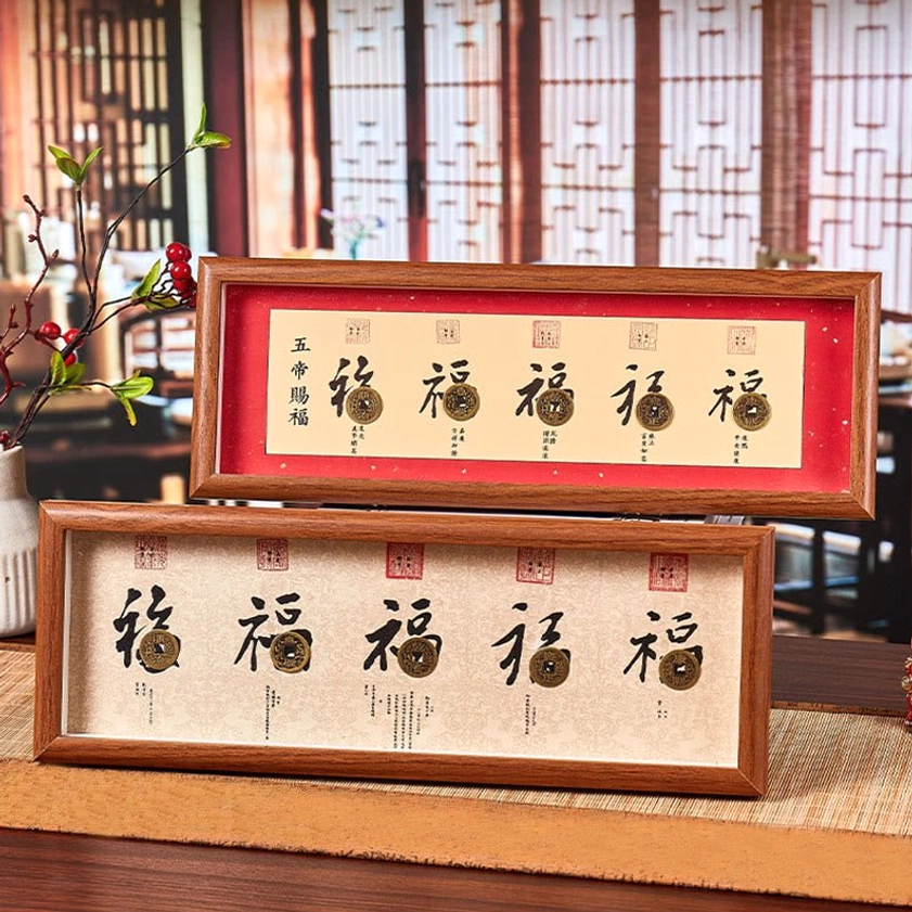 Fu Character Five-Emperor Coins wooden frame with traditional Chinese home decor styling and placement