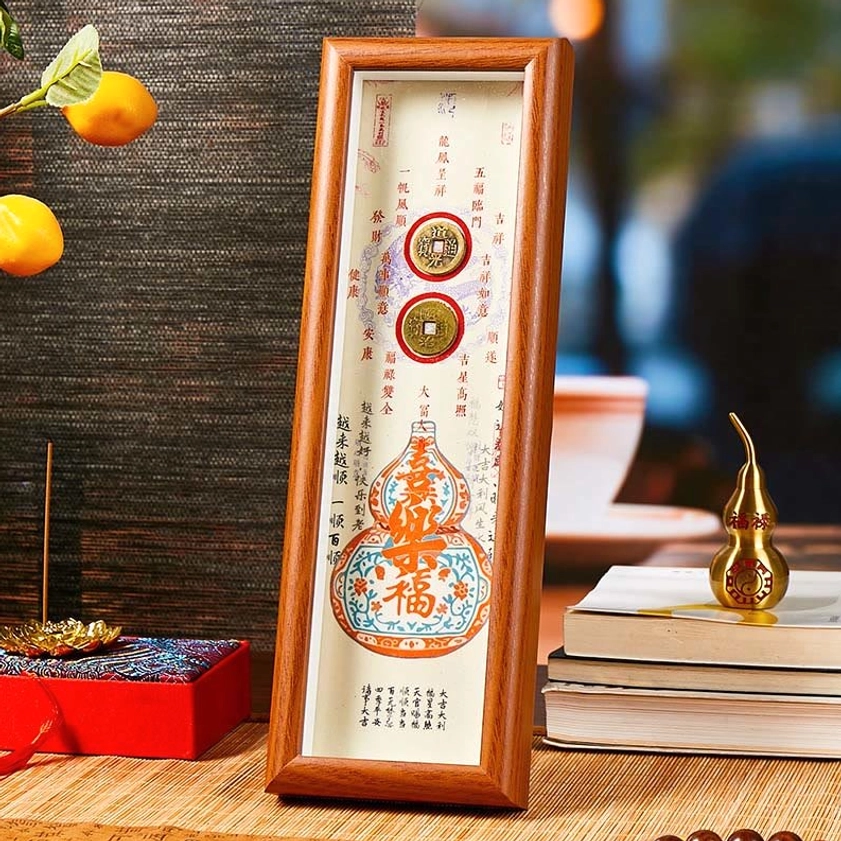Fu character gourd wooden photo frame with brass coins front view display