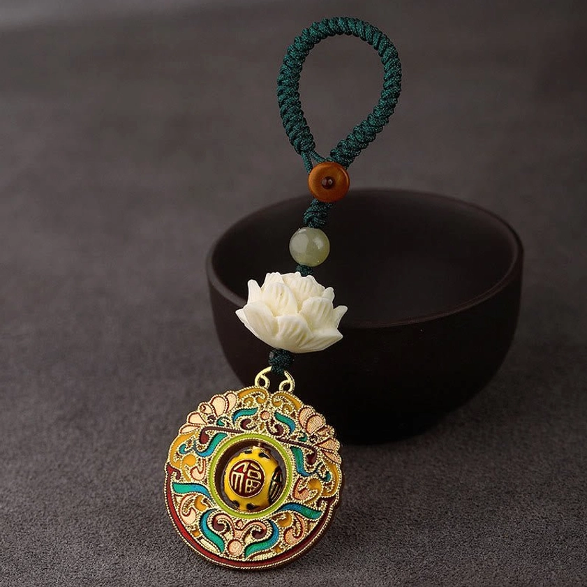 Fu character auspicious cloud design keychain with green braided rope and rotatable enameled copper pendant
