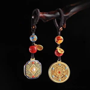 Fu character blessing keychains with round and square filigree pendant styles featuring enamel design and braided black cord with decorative beads