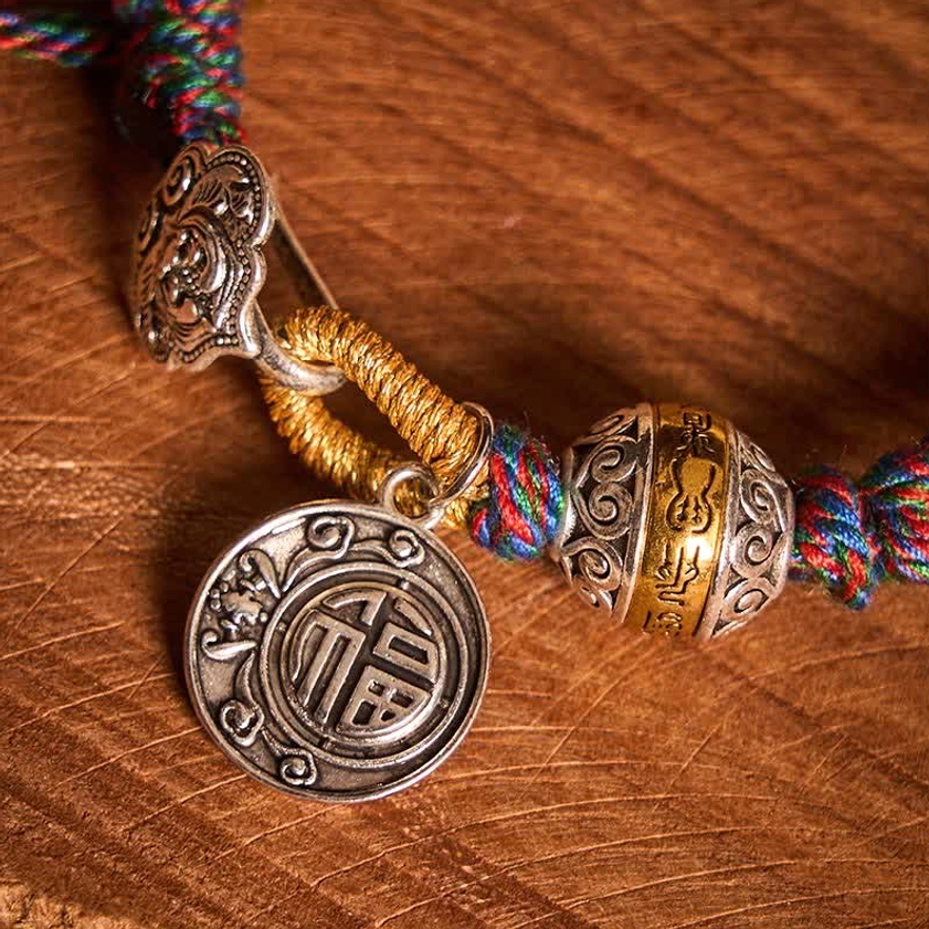 Buddhist String Bracelet with Fu Character and Om Mani Padme Hum Symbols Detail