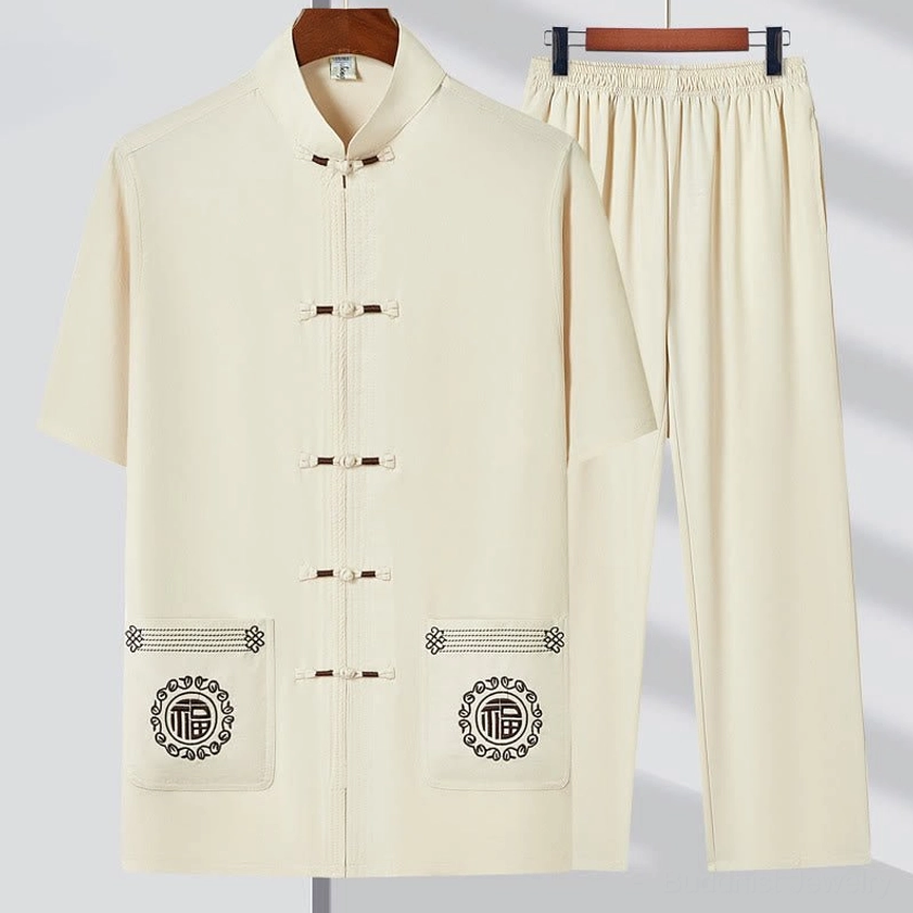 Beige Fu character Tang suit men's clothing set with traditional frog buttons and embroidered pockets
