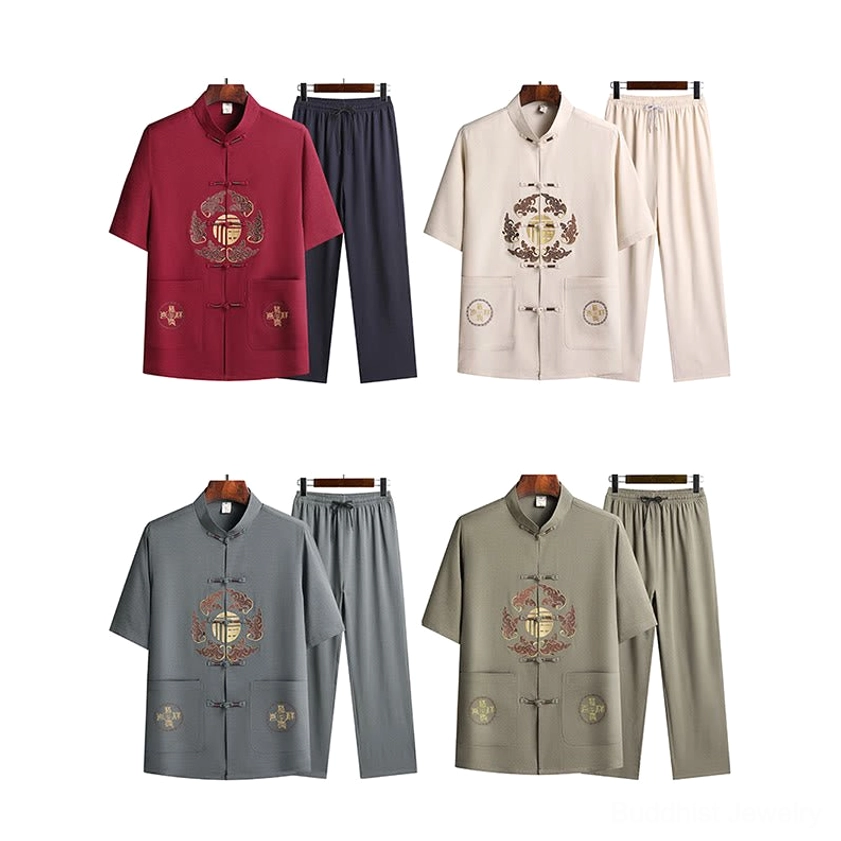 Multiple color variations of Fu Character Tang Suit sets - white and army green options with matching embroidery