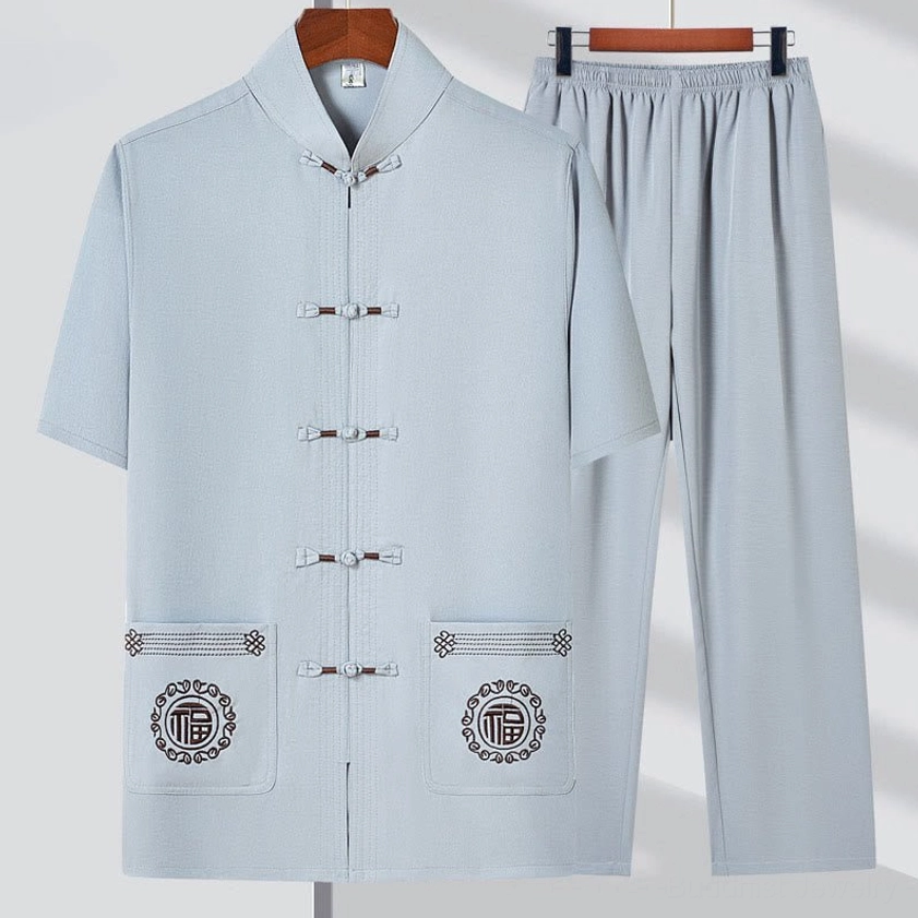 Light gray Fu character Tang suit men's traditional set with frog buttons and prosperity embroidery