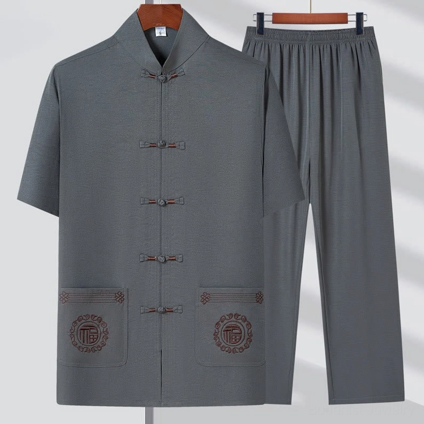 Dark gray Fu embroidered Tang suit men's two-piece with Chinese frog button closure and prosperity symbols