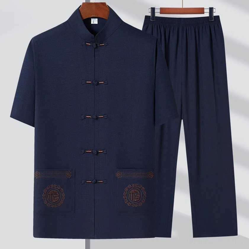 Navy blue Fu embroidered Tang suit men's outfit with Chinese frog closures and mandarin collar
