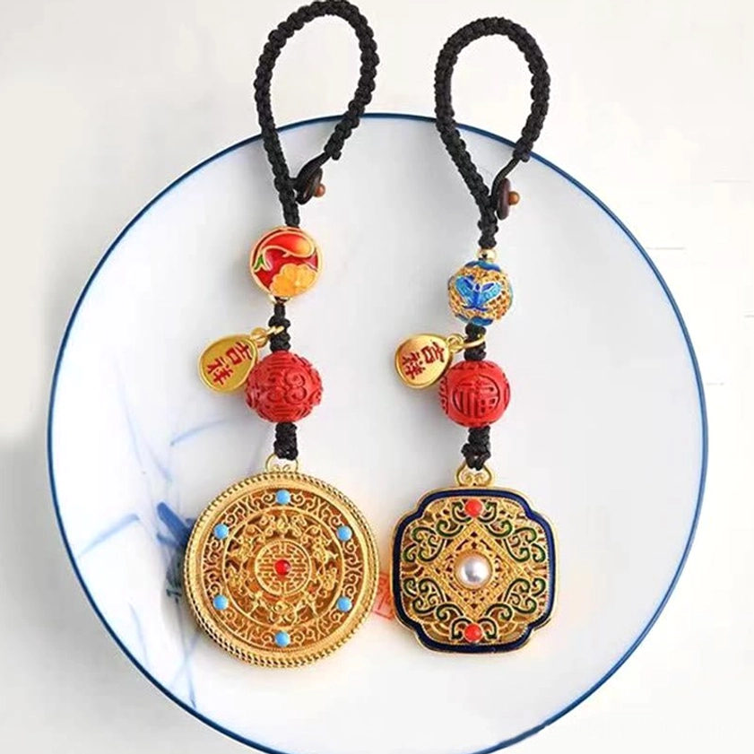 Buddhist Fu blessing keychain with multiple color variations showing round and square pendant style options