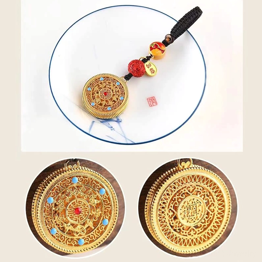 Fu character keychain pendant detail showing intricate engraving and traditional Buddhist symbol craftsmanship