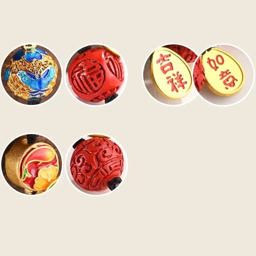 Fu character blessing keychain with decorative pearl inlay and traditional braided cord attachment