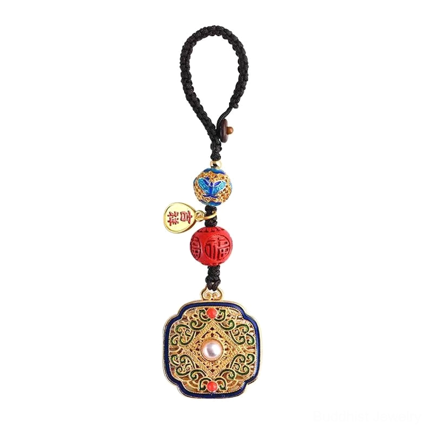 Buddhist blessing Fu character keychain with square filigree design in vibrant enamel colors and metal accents