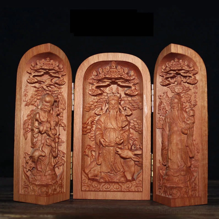 Fu Lu Shou Three Gods of Fortune Prosperity and Longevity wooden Buddhist altar shrine decoration
