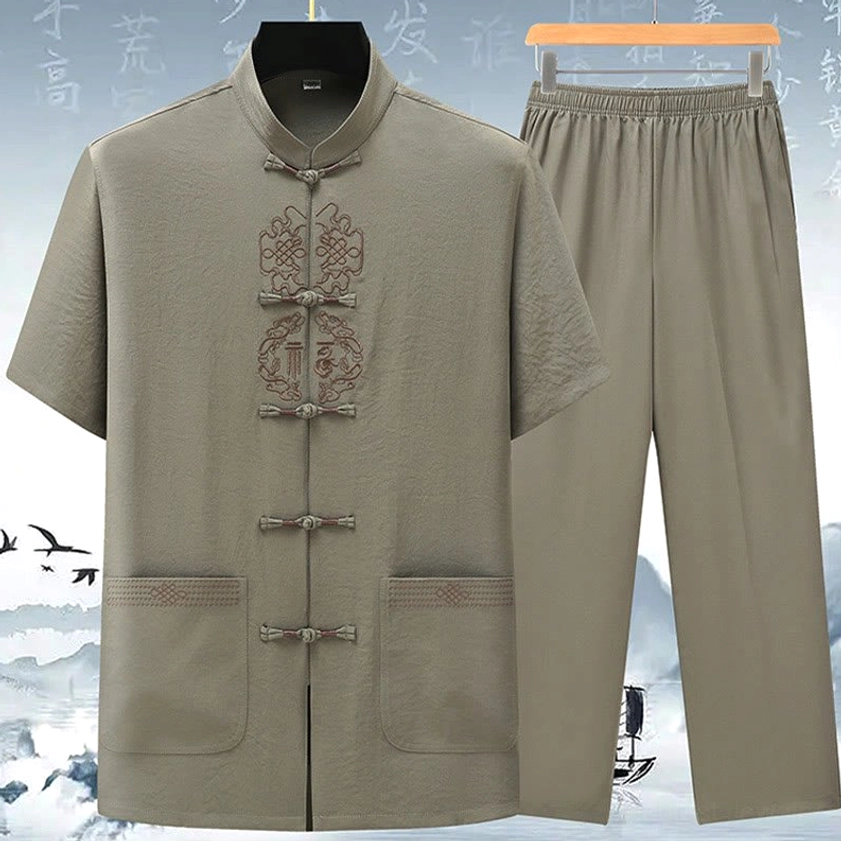 Army gray Fu symbol Tang suit set for men with hand-embroidered Chinese knotwork design and stand collar