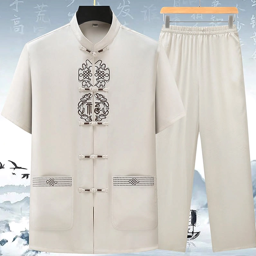 Beige Fu symbol Tang suit set for men with Chinese knotwork embroidery and frog buttons, front flat lay view