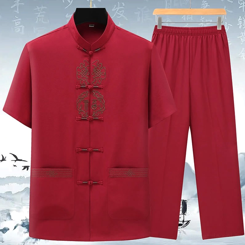 Burgundy red Fu symbol Tang suit men's set featuring intricate Chinese knotwork embroidery and traditional frog fasteners