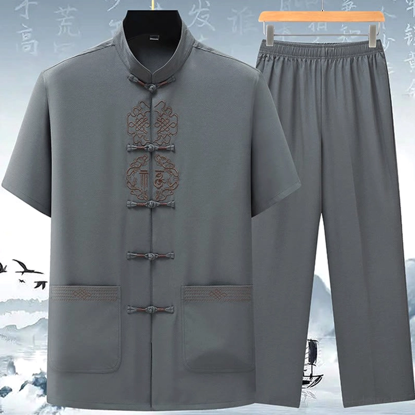 Dark gray Fu symbol Tang suit for men with traditional Chinese knotwork embroidery and frog button closure details