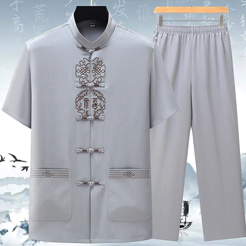 Light gray cotton linen Tang suit ensemble with Fu character knotwork embroidery and traditional Chinese styling