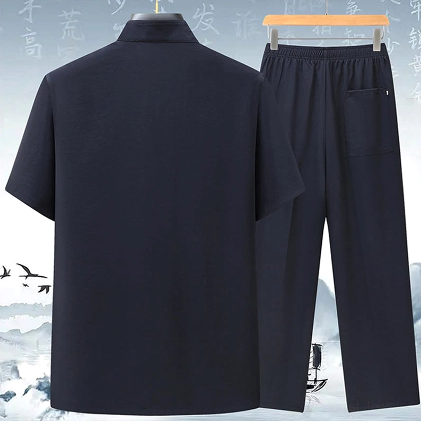 Navy blue Tang suit back view showing straight pants with side pockets and traditional Chinese styling details