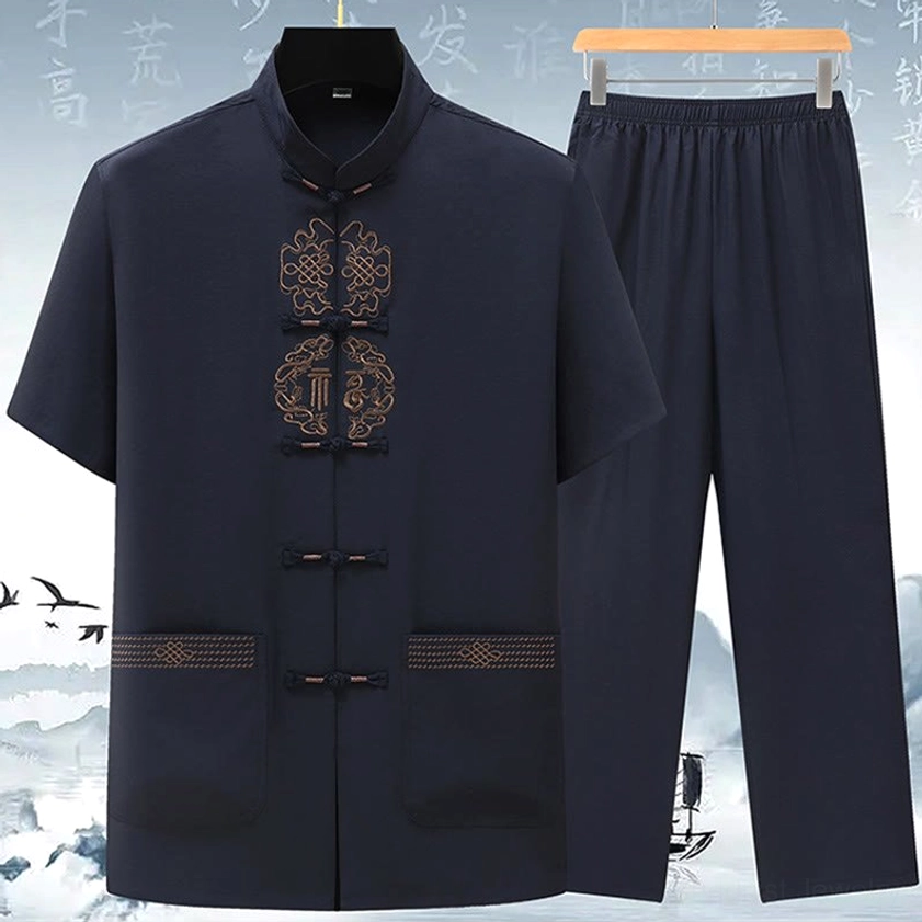 Navy blue Fu symbol Tang suit men's set featuring traditional stand collar, frog fasteners, and hand-embroidered knotwork