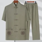 Army green Fu character Tang suit men's two-piece set with traditional frog buttons and prosperity embroidery