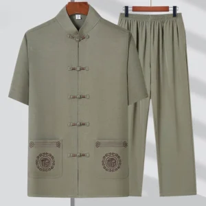Army green Fu character Tang suit men's two-piece set with traditional frog buttons and prosperity embroidery