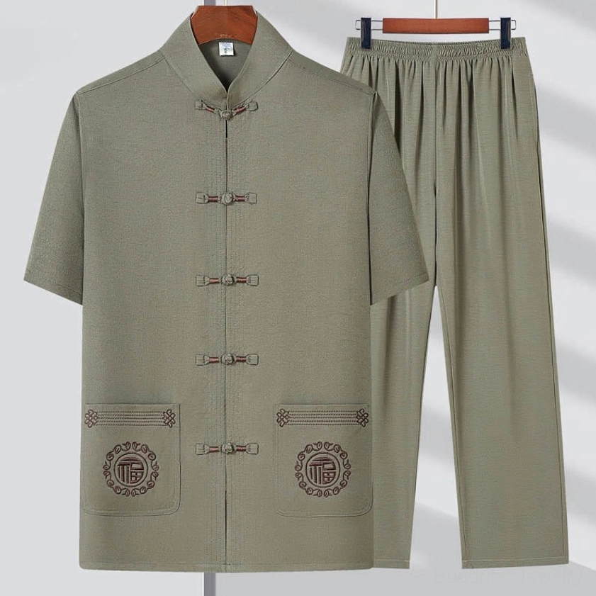 Army green Fu character Tang suit men's two-piece set with traditional frog buttons and prosperity embroidery