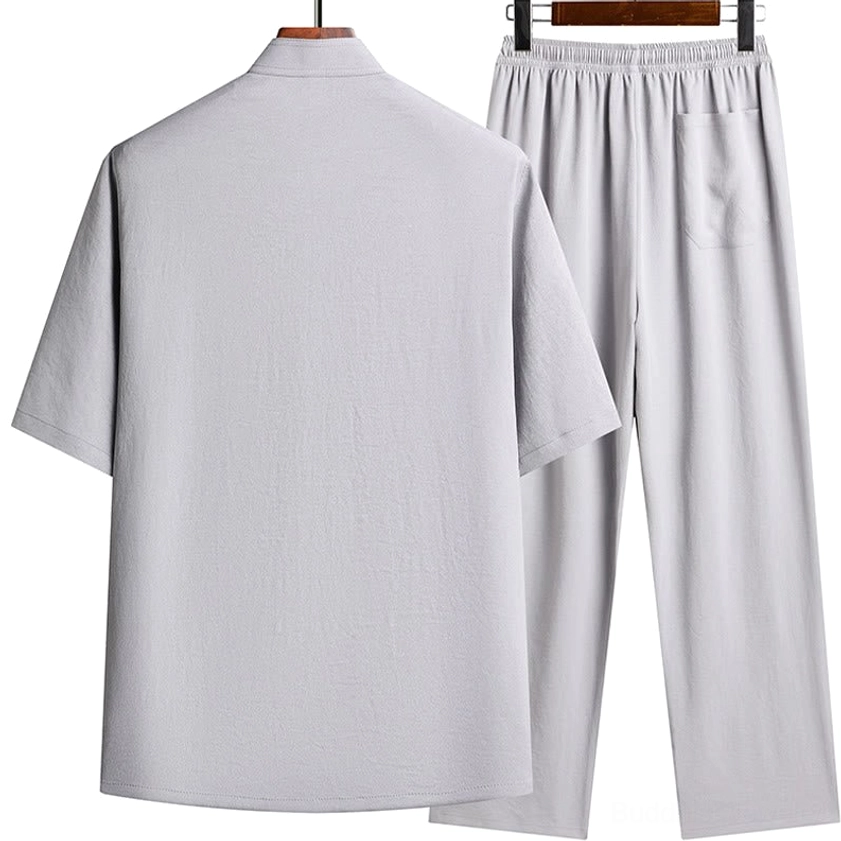 Light gray Tang Suit back view of top and front view of pants - showing traditional silhouette