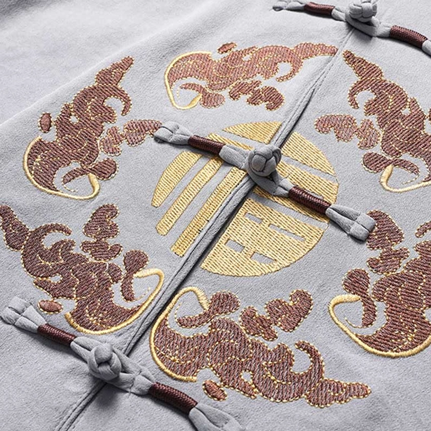 Men's traditional Fu Character Tang Suit fabric texture and polyester material quality detail