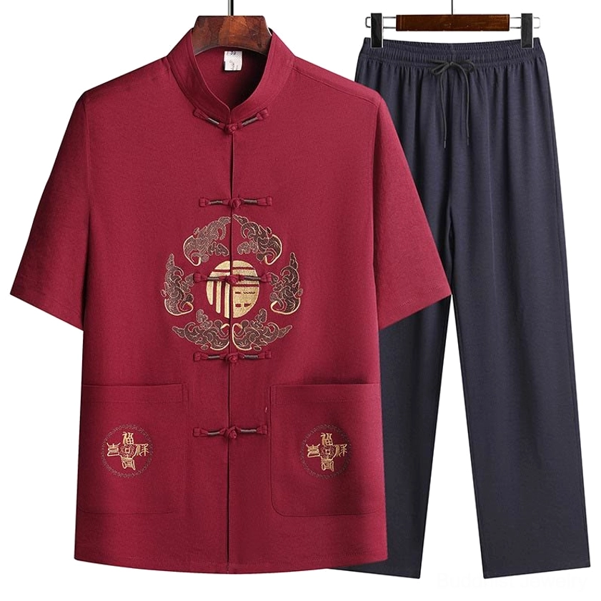 Fu Character Tang Suit flat lay product shot - top and pants laid out showing full design