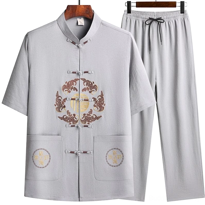 Light gray Fu Character Tang Suit two-piece set with traditional embroidery and frog fasteners