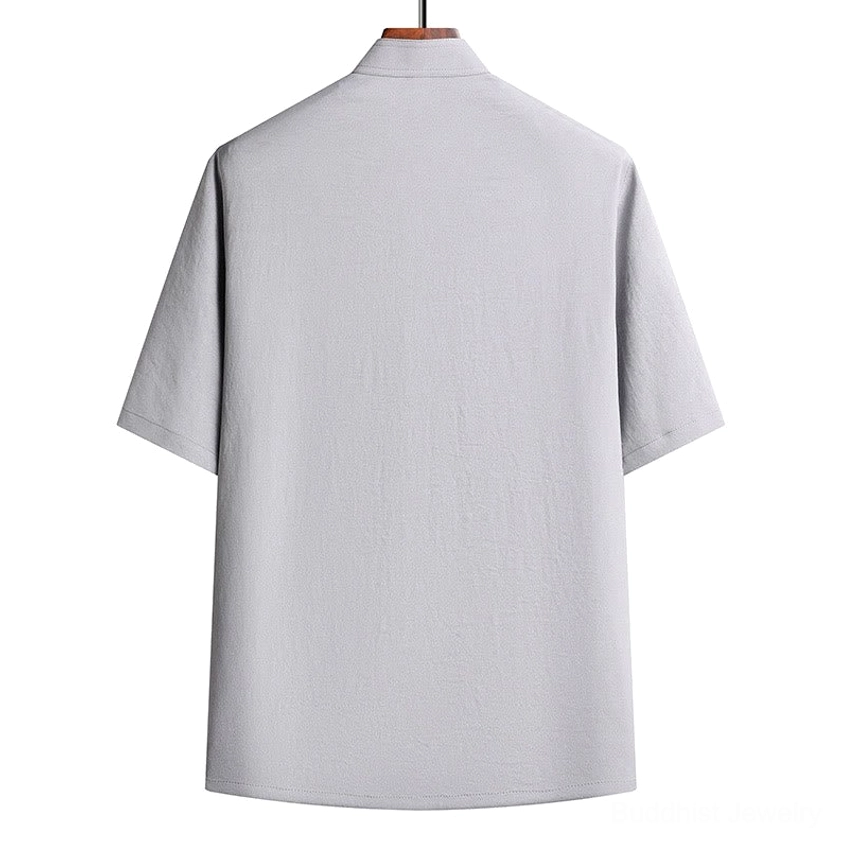 Light gray Tang Suit top back view - simple stand collar and clean back design