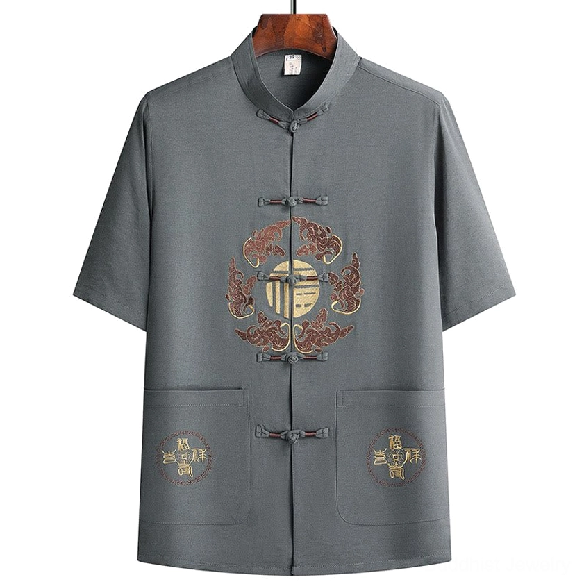 Dark gray Fu Character Tang Suit top with stand collar and frog button closures - front full view