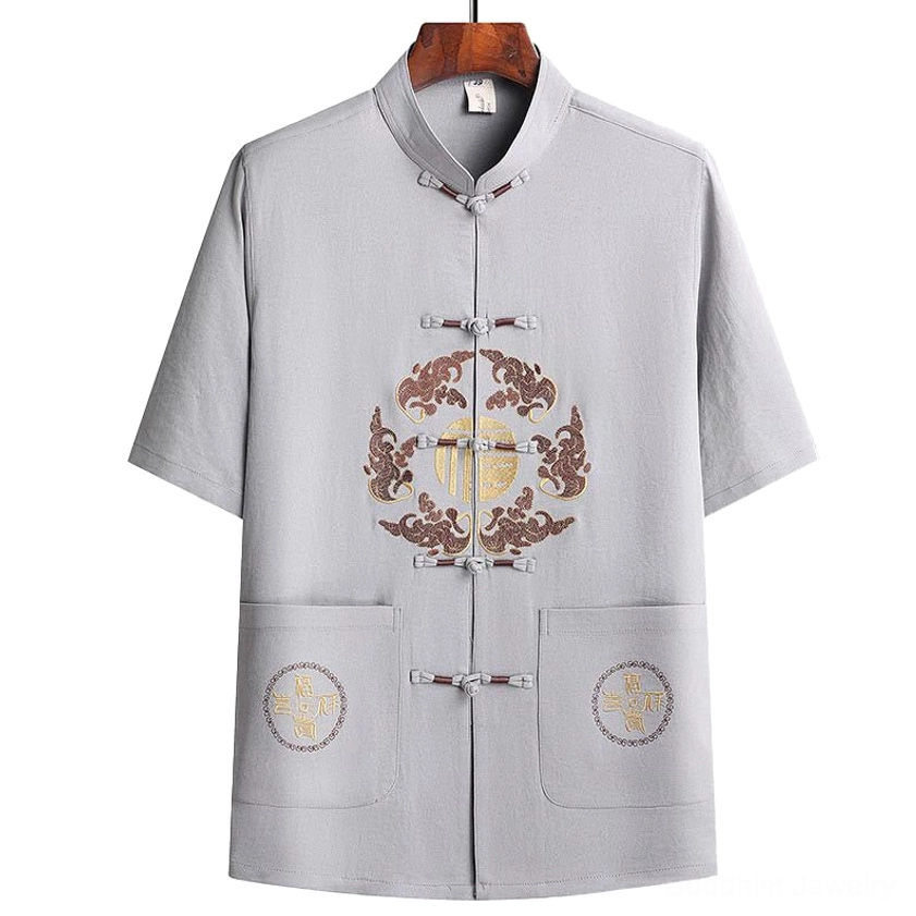 Light gray Fu Character Tang Suit short sleeve top with embroidery detail and front pockets