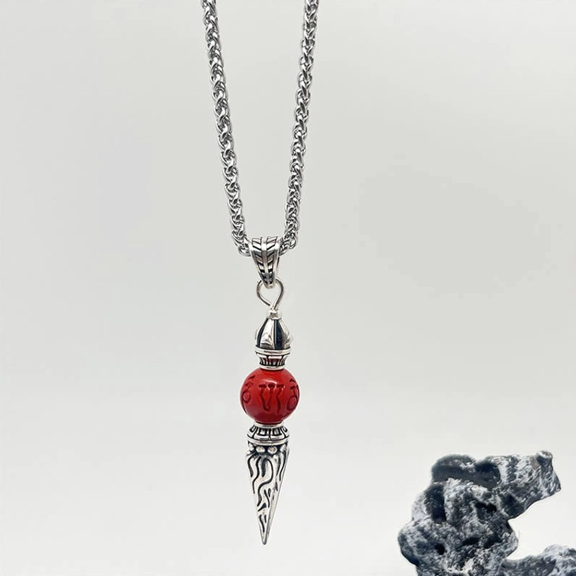 Full Cinnabar Dorje Vajra Buddhist necklace vertical hanging shot with wheat chain