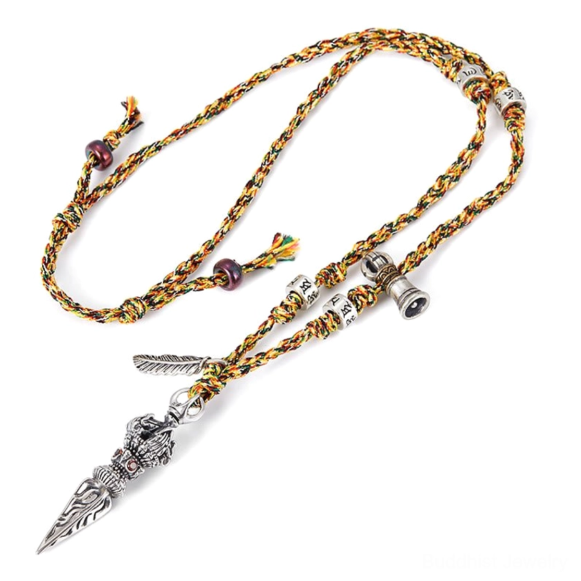 Full Length Handmade Dorje Vajra Om Mani Padme Hum Necklace with Multicolored Braided Rope and Silver Dorje and Feather Charms, Flat Lay View