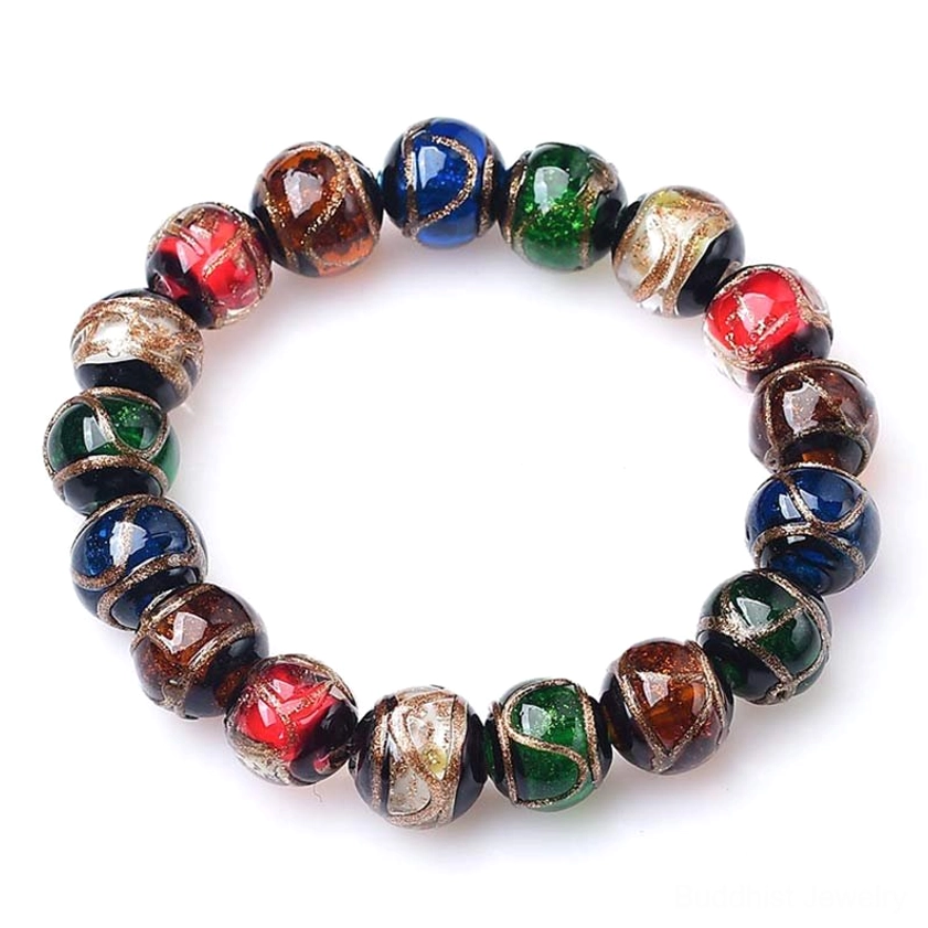 Complete circular view of colorful incense ash liuli glass bead bracelet on dark background