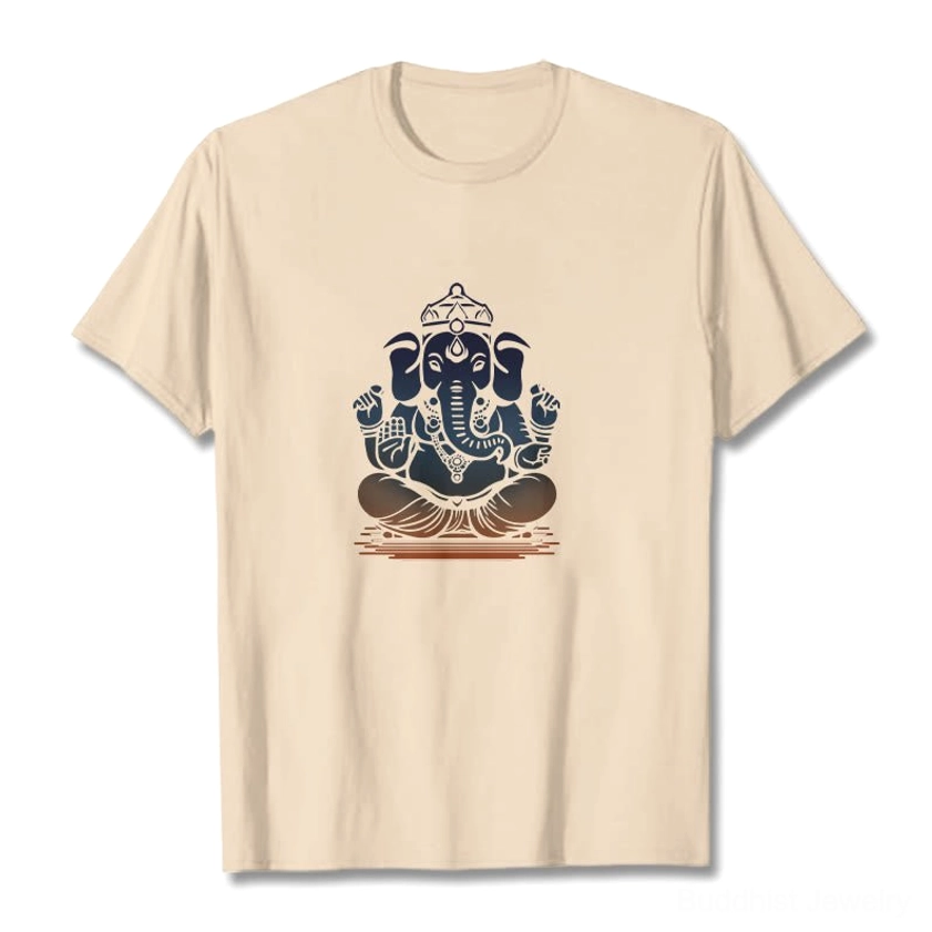 Beige Ganesha meditation cotton t-shirt flat lay - prosperity wisdom print