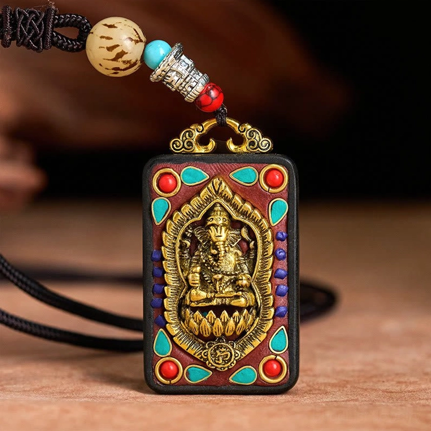 Complete Ganesha pendant necklace set with rope cord and metal embellishments