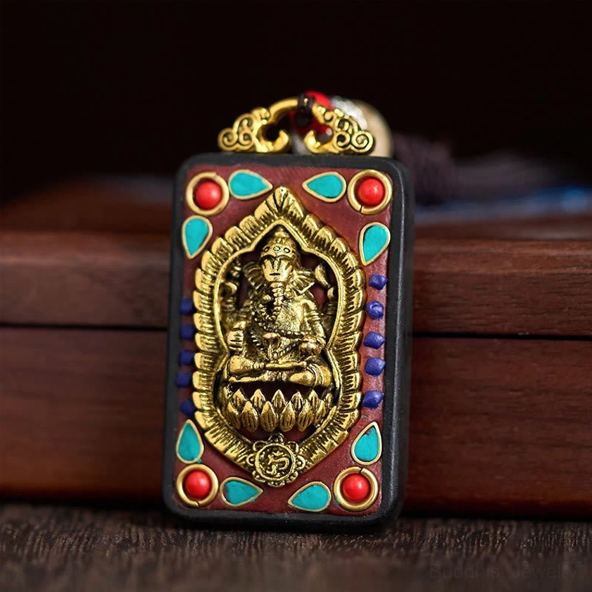 Ganesha elephant protection pendant in ebony wood with decorative spiritual beads
