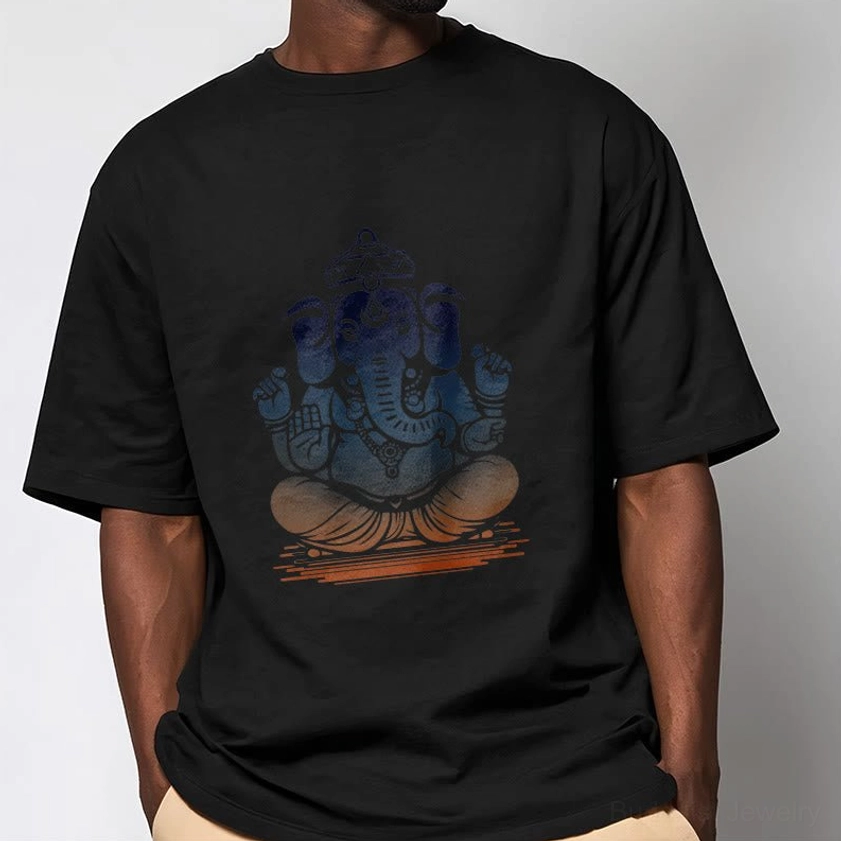 Black meditating Ganesha t-shirt on model - unisex Buddhist spiritual apparel