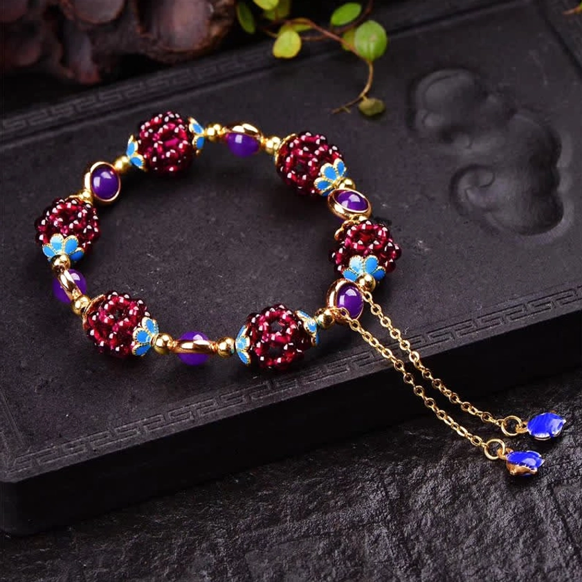 Purple garnet amethyst Buddhist healing bracelet with handmade natural gemstone beads for spiritual practice
